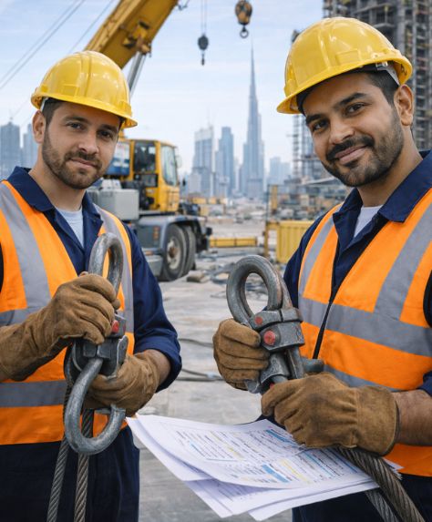 Riggers in UAE supporting lifting operations crane coordination sling handling and heavy equipment movement